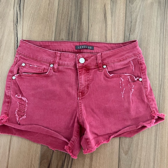 Level 99 Pink/Red Distressed Denim Shorts - Picture 1 of 6